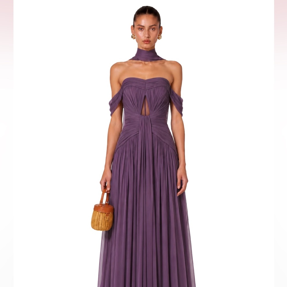 Miss Rosier Purple Strapless Ruched Gown with Twist Front